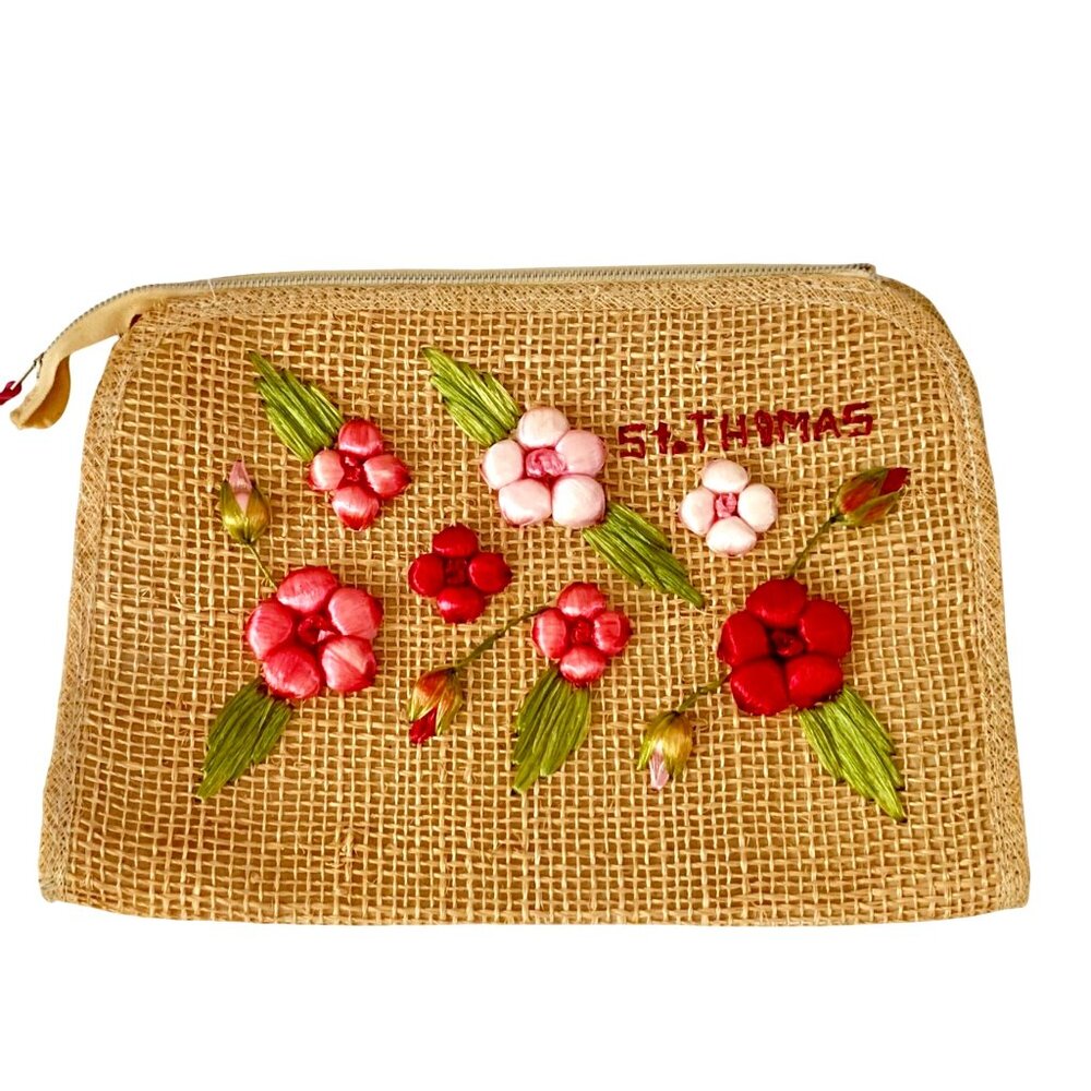 Handmade St. Thomas Floral Straw Raffia Zippered Clutch Purse Embroidered Flower